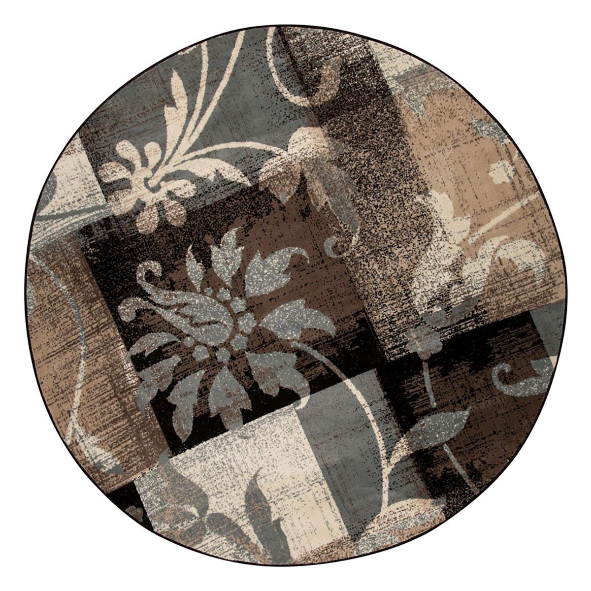 8' Round Beige And Gray Round Floral Power Loom Distressed Stain Resistant Area Rug Default Title