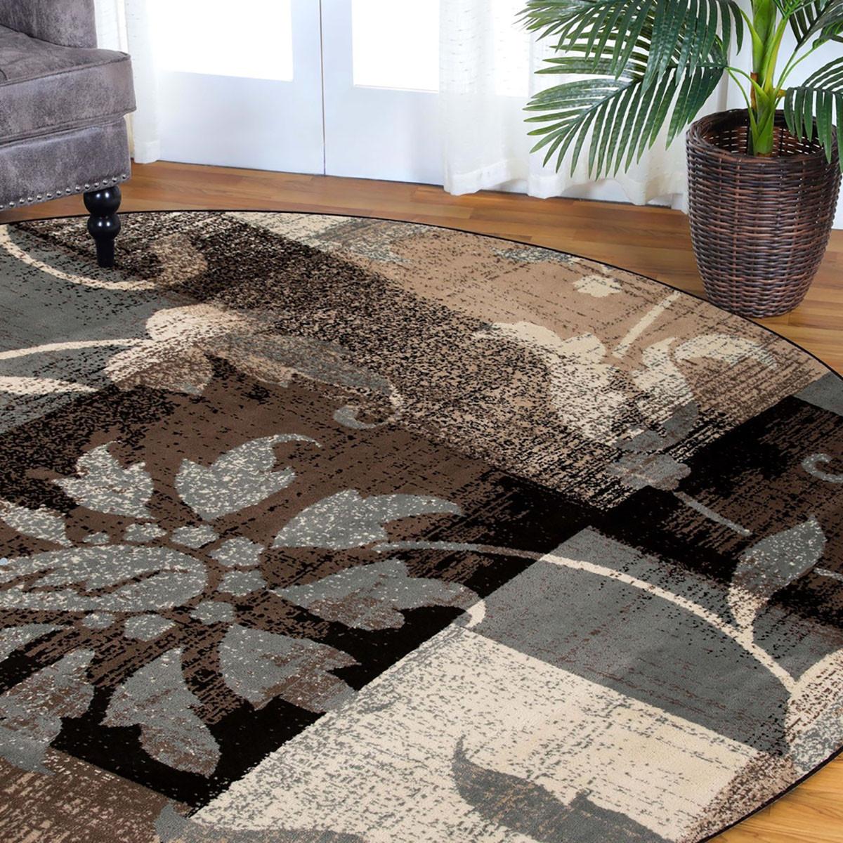 8' Round Beige And Gray Round Floral Power Loom Distressed Stain Resistant Area Rug