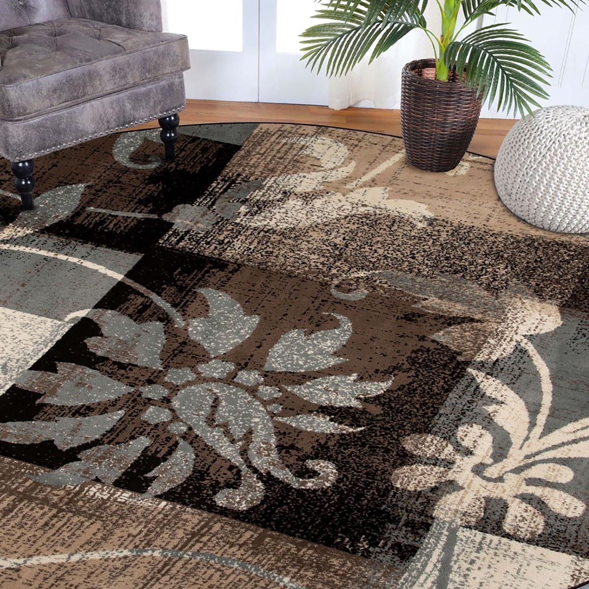 8' Round Beige And Gray Round Floral Power Loom Distressed Stain Resistant Area Rug