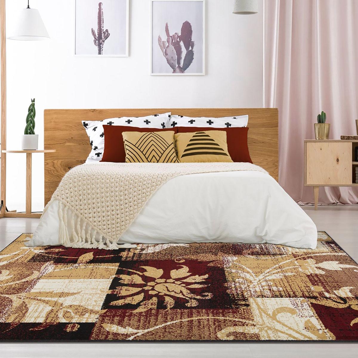 8' X 10' Burgundy And Beige Floral Power Loom Distressed Stain Resistant Area Rug