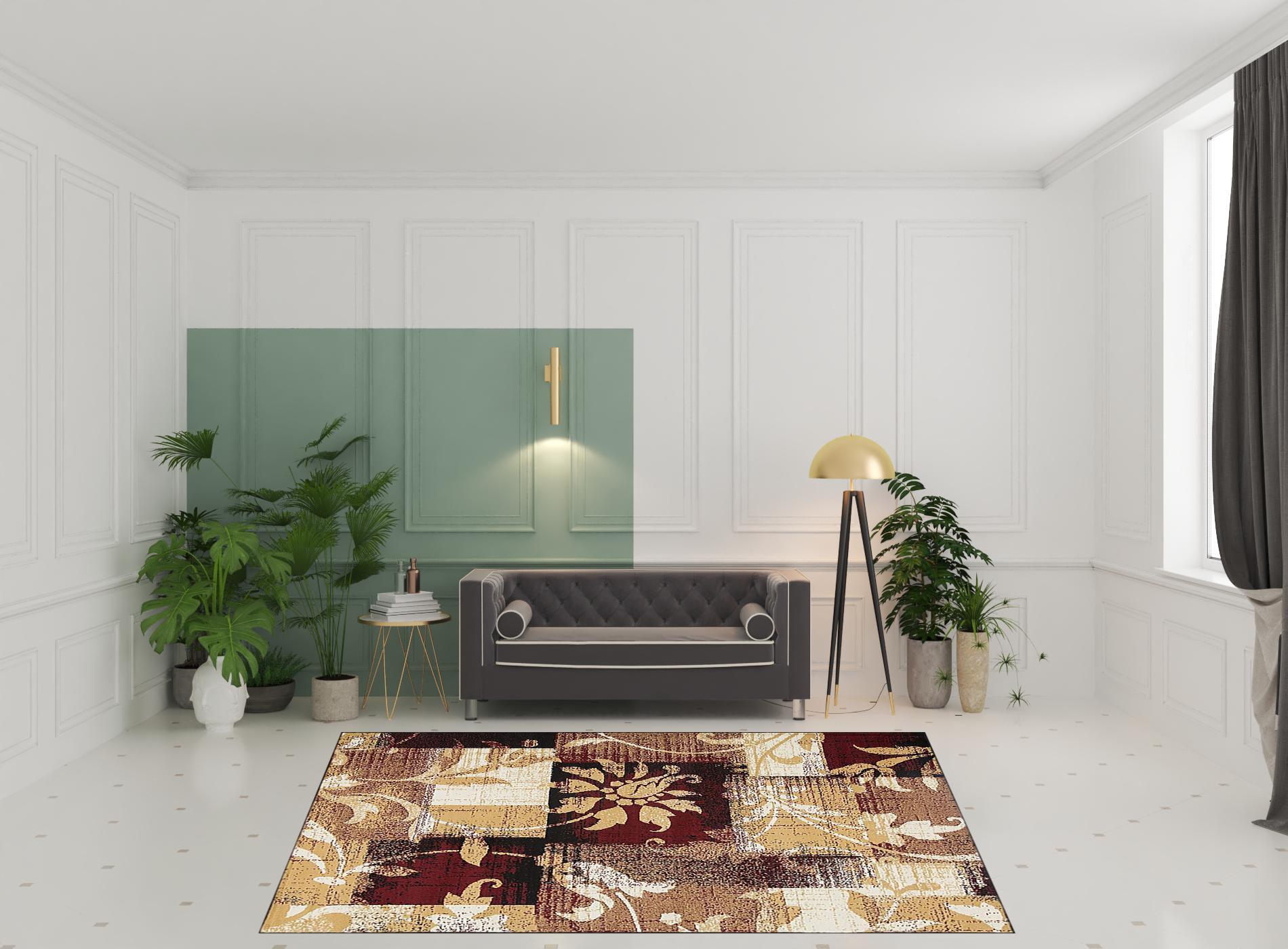 8' X 10' Burgundy And Beige Floral Power Loom Distressed Stain Resistant Area Rug