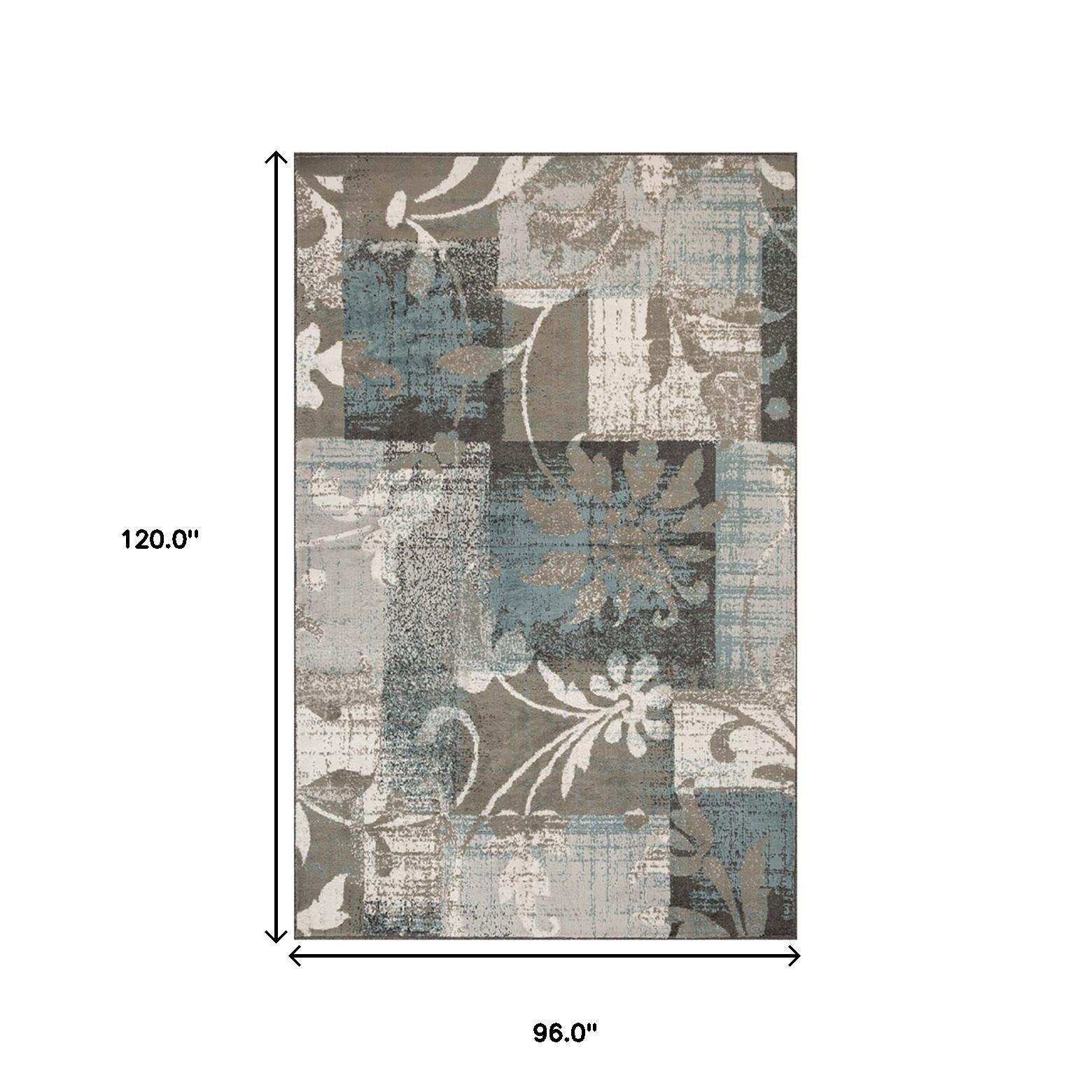 8' X 10' Teal Gray And Tan Floral Power Loom Distressed Stain Resistant Area Rug Default Title