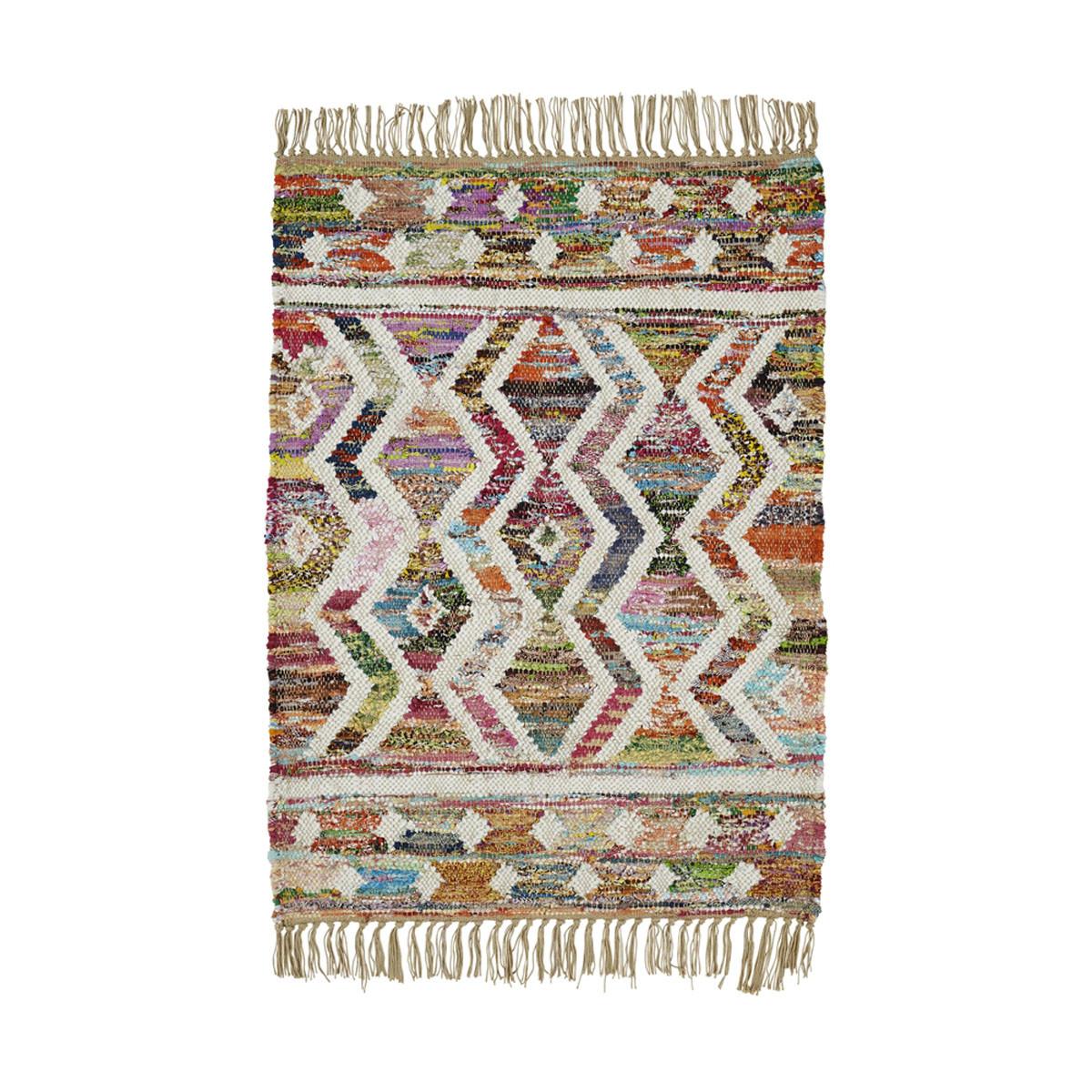 2' X 3' Ivory Blue Pink Gold And Green Geometric Hand Woven Area Rug With Fringe