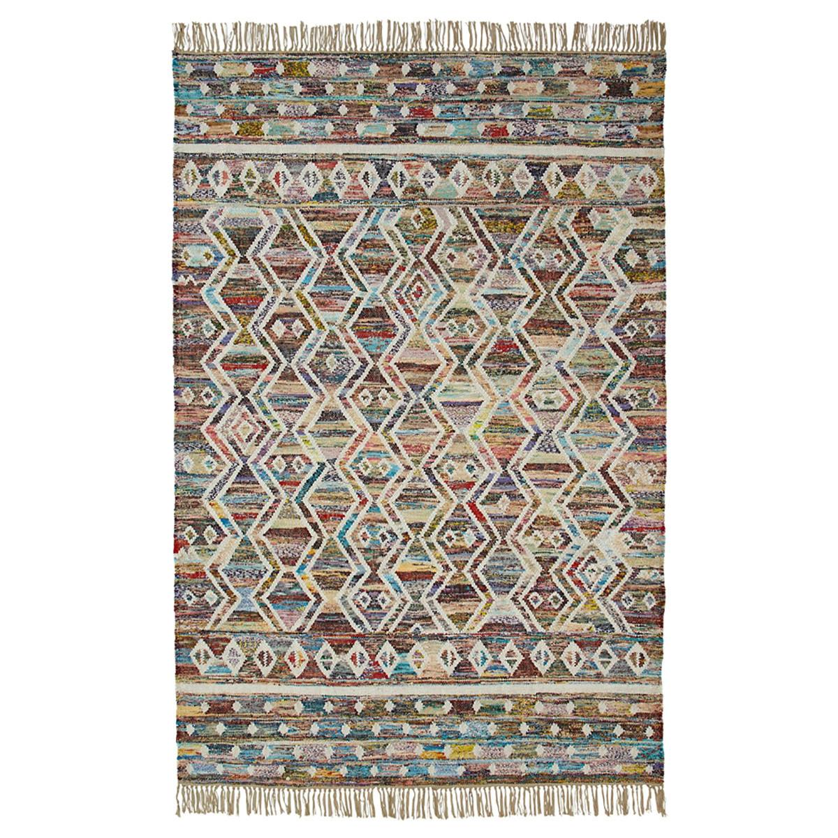 5' X 8' Ivory Blue Pink Gold And Green Geometric Hand Woven Area Rug With Fringe Default Title