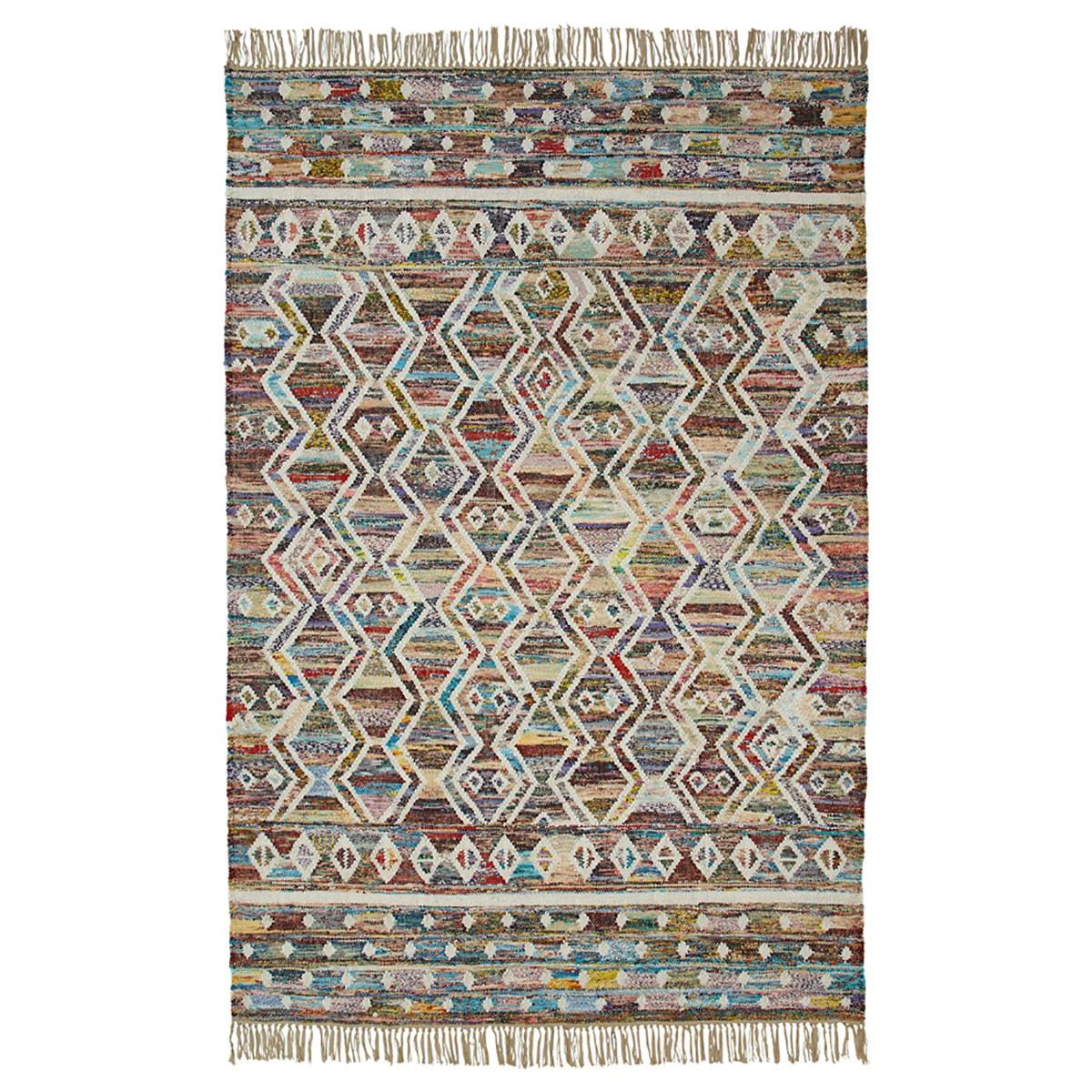 8' X 10' Ivory Blue Pink Gold And Green Geometric Hand Woven Area Rug With Fringe