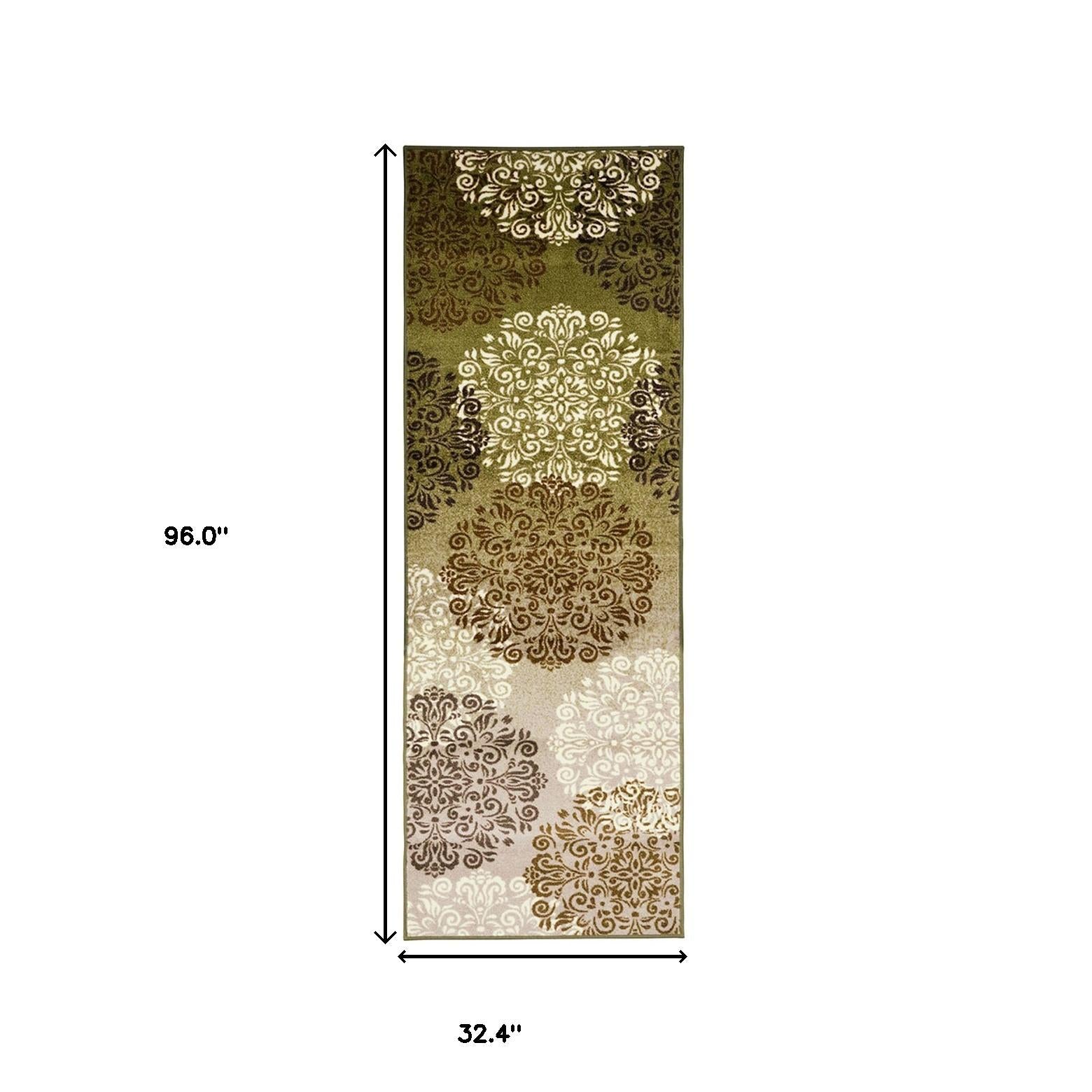 8' Greens And Browns Floral Power Loom Non Skid Runner Rug