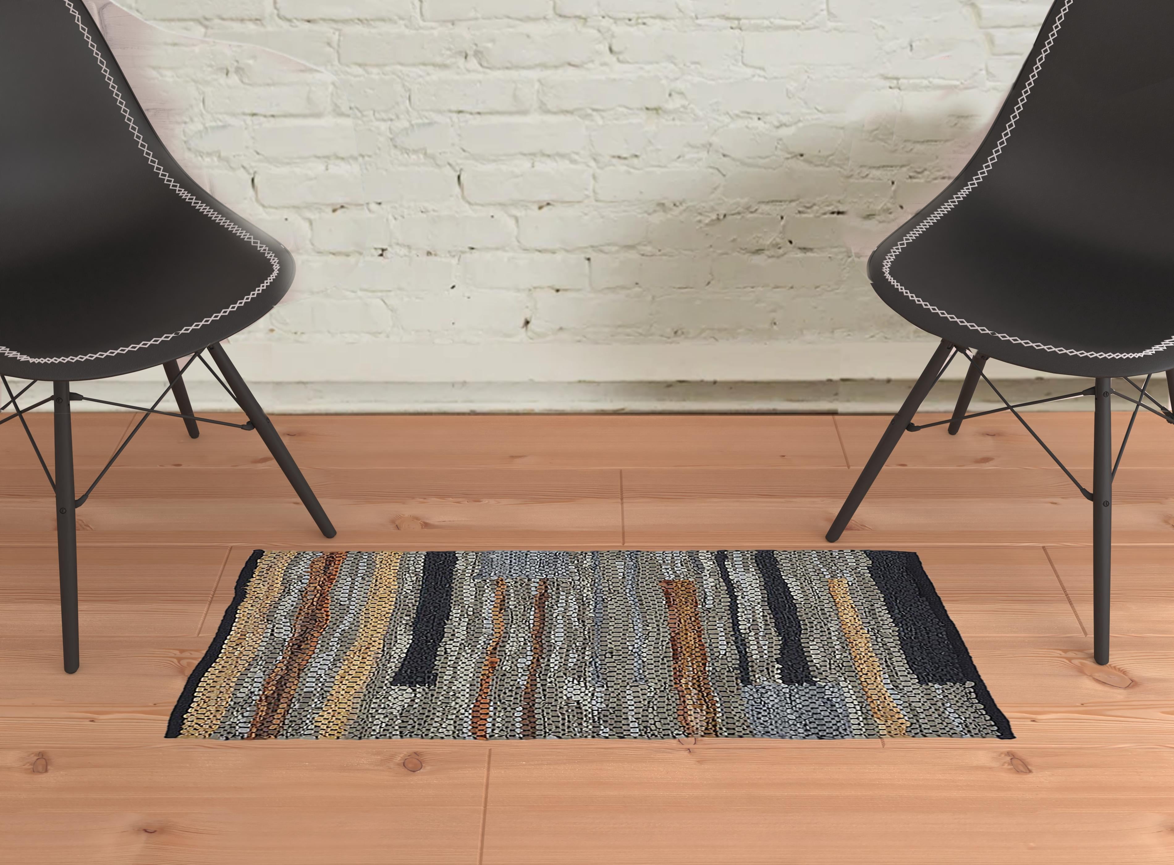 2' X 3' Grey Striped Hand Woven Stain Resistant Area Rug