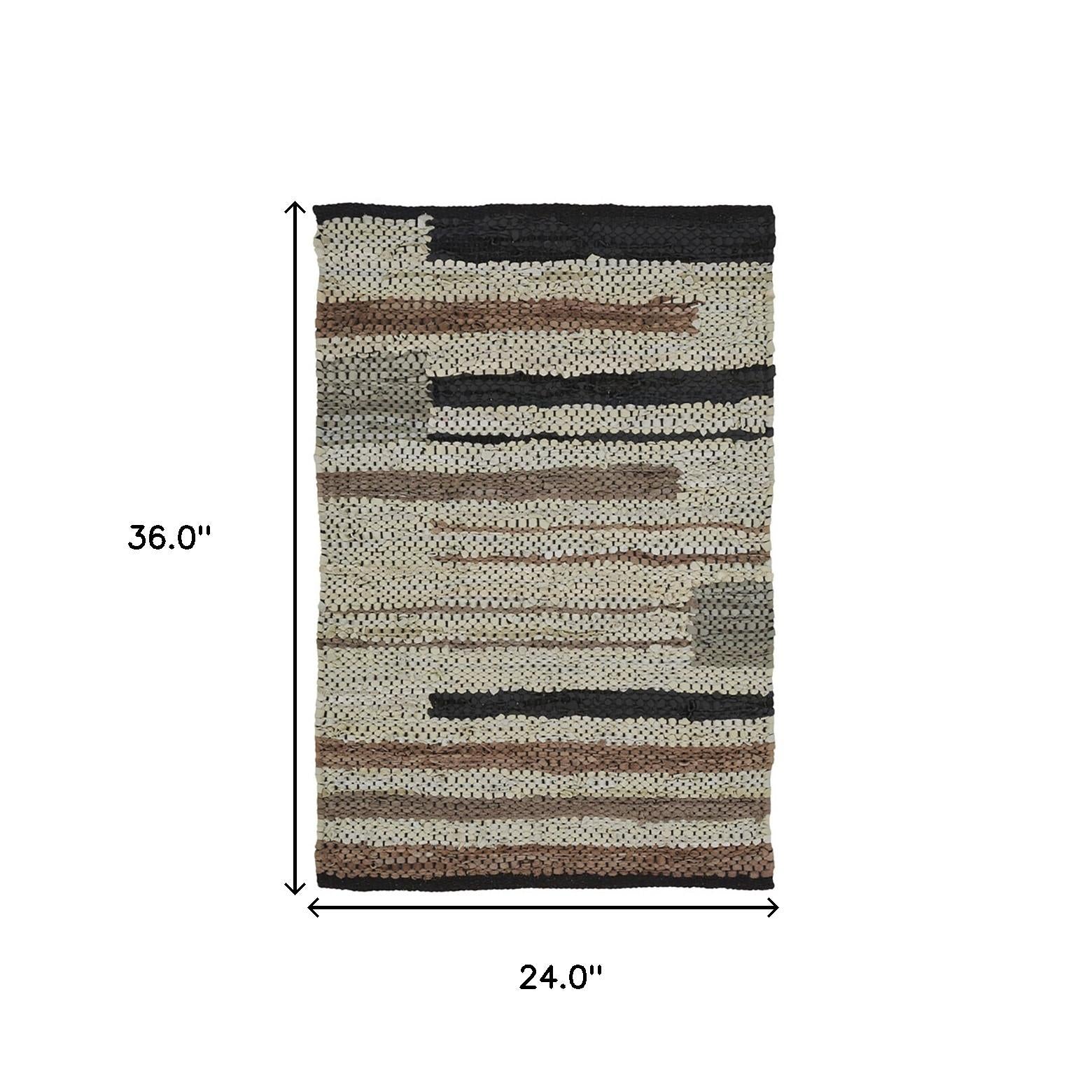 2' X 3' Oatmeal Striped Hand Woven Stain Resistant Area Rug