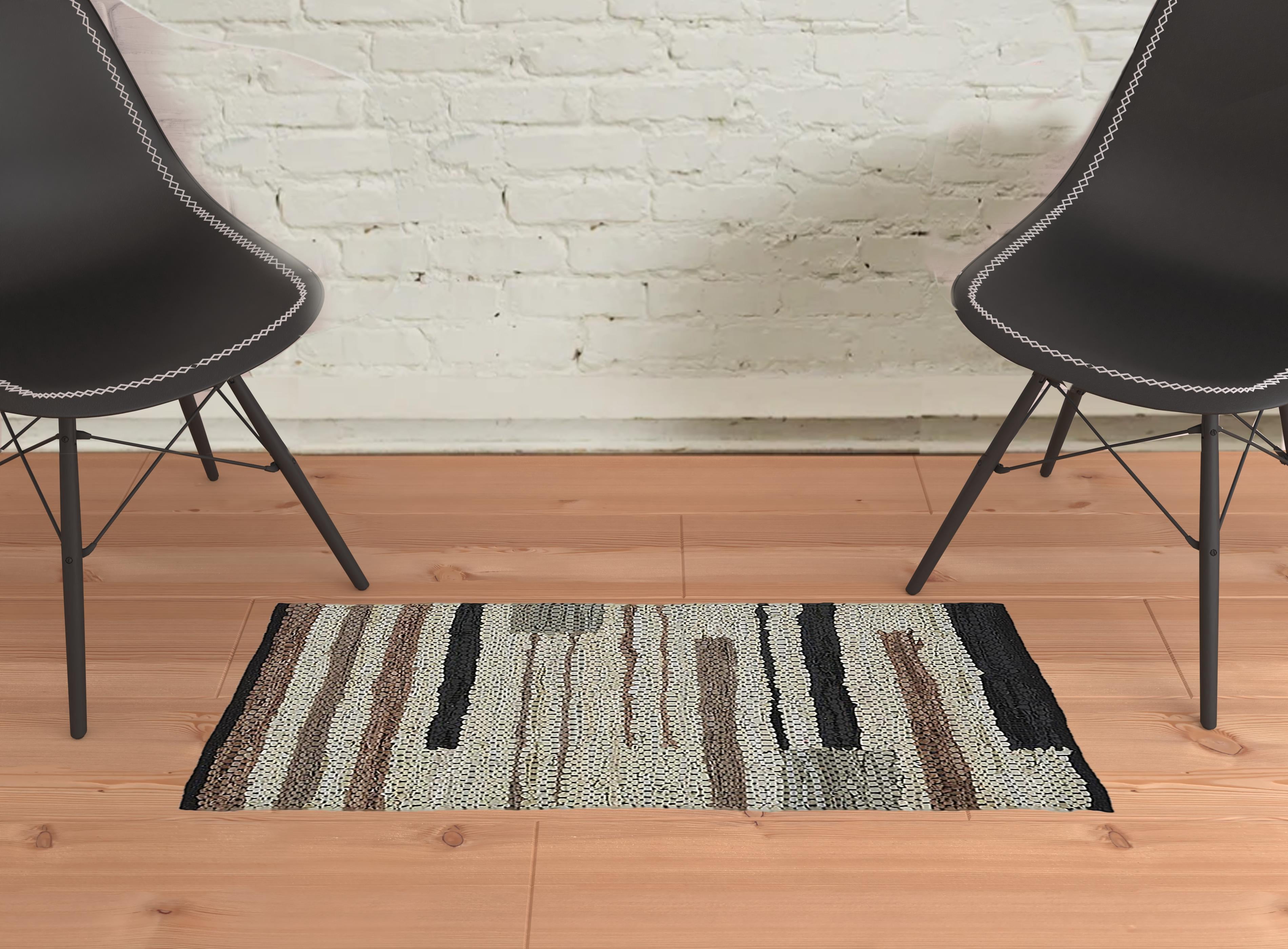 2' X 3' Oatmeal Striped Hand Woven Stain Resistant Area Rug