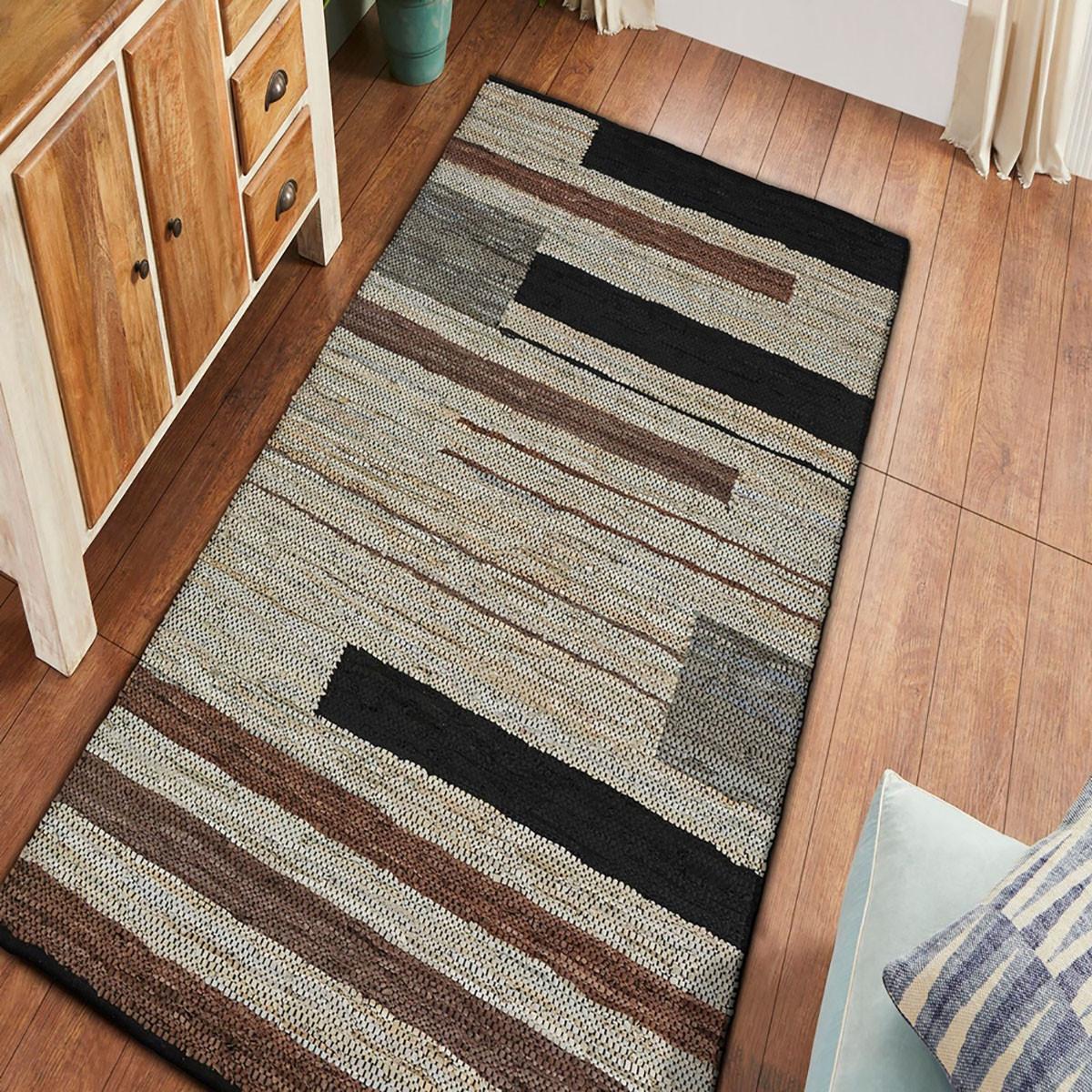 8' X 10' Oatmeal Striped Hand Woven Stain Resistant Area Rug