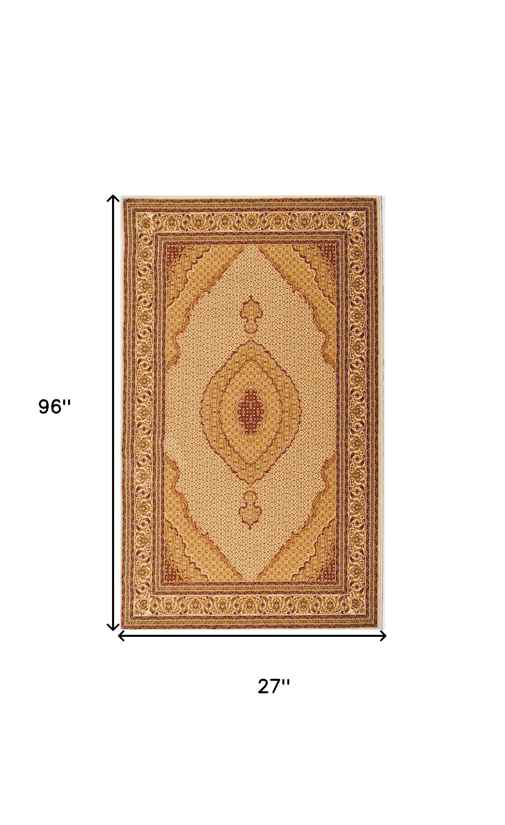 2' X 8' Cream Oriental Power Loom Stain Resistant Area Rug