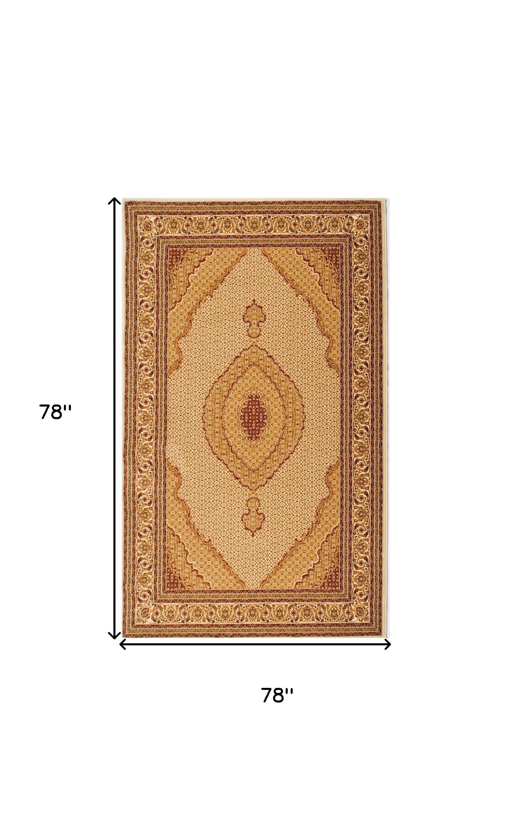 7' Round Cream Round Oriental Power Loom Stain Resistant Area Rug