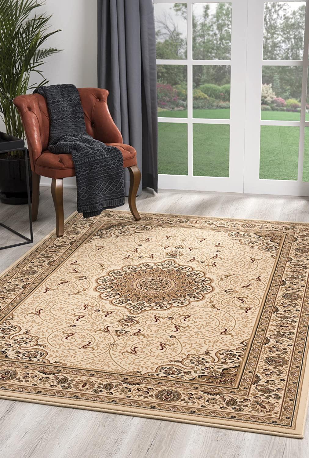 7' X 10' Cream Oriental Medallion Stain Resistant Area Rug